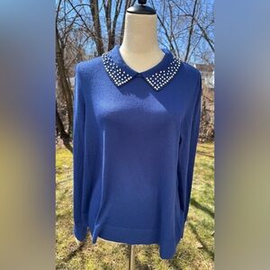Ann Taylor LOFT Size L Rhinestone Detail Collared Sapphire Blue Sweater NWT